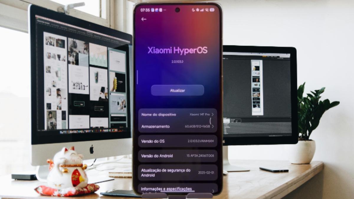 Xiaomi smartphone with HyperOS 2.1 interface displayed on the screen, showing optimized icons and smooth performance