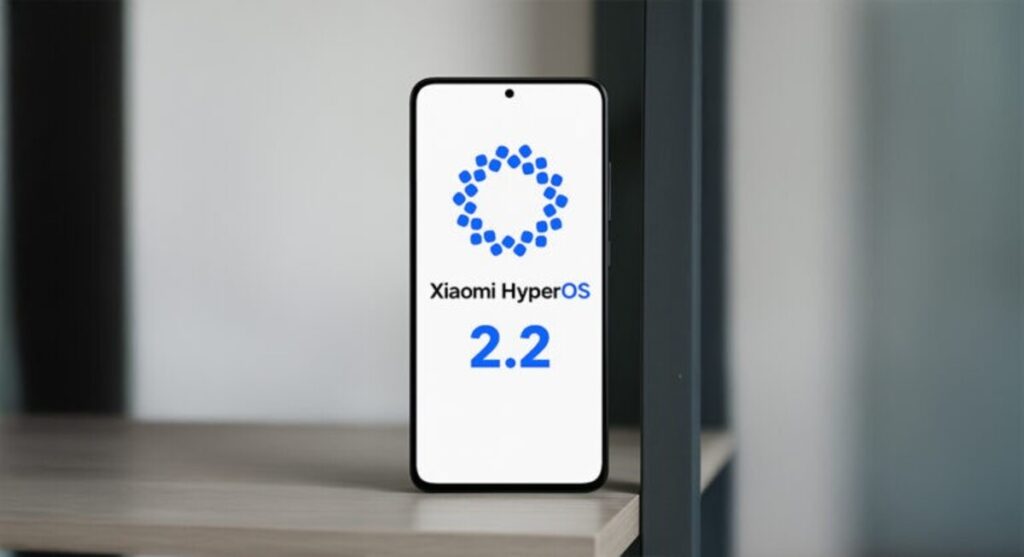 Cell phone showing the Xiaomi HyperOS 2.2 logo on a beige shelf with a blurred background.
