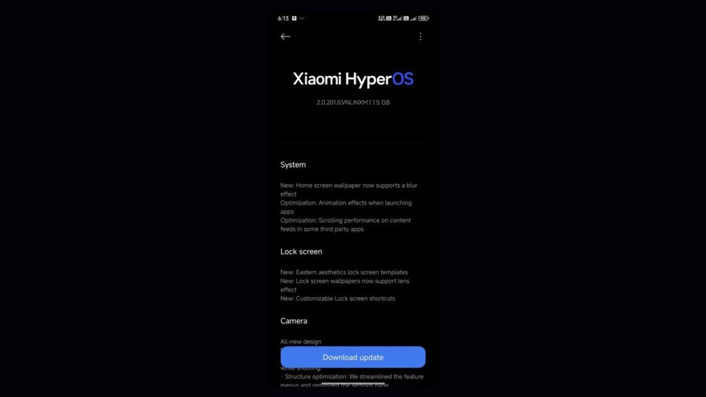 Screenshot of a POCO X6 Pro smartphone showing the Xiaomi HyperOS 2.0.201.DVNLINKXM update interface, weighing 1.5 GB in size, detailing improvements to the system, lock screen and camera design, and a "Download update" button.