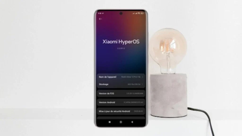 Smartphone showing Xiaomi HyperOS information screen next to a modern lamp.