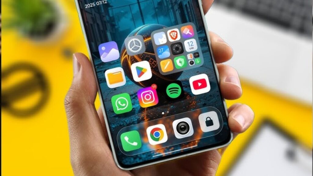 A hand holds a smartphone showcasing the app drawer and home screen with diverse icons, hinting at New Apps Exclusive to HyperOS 2.2.