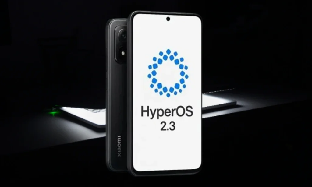 Two Xiaomi smartphones on a dark background, the front one with the screen displaying the blue and white HyperOS 2.3 logo, and the back one showing the cameras.