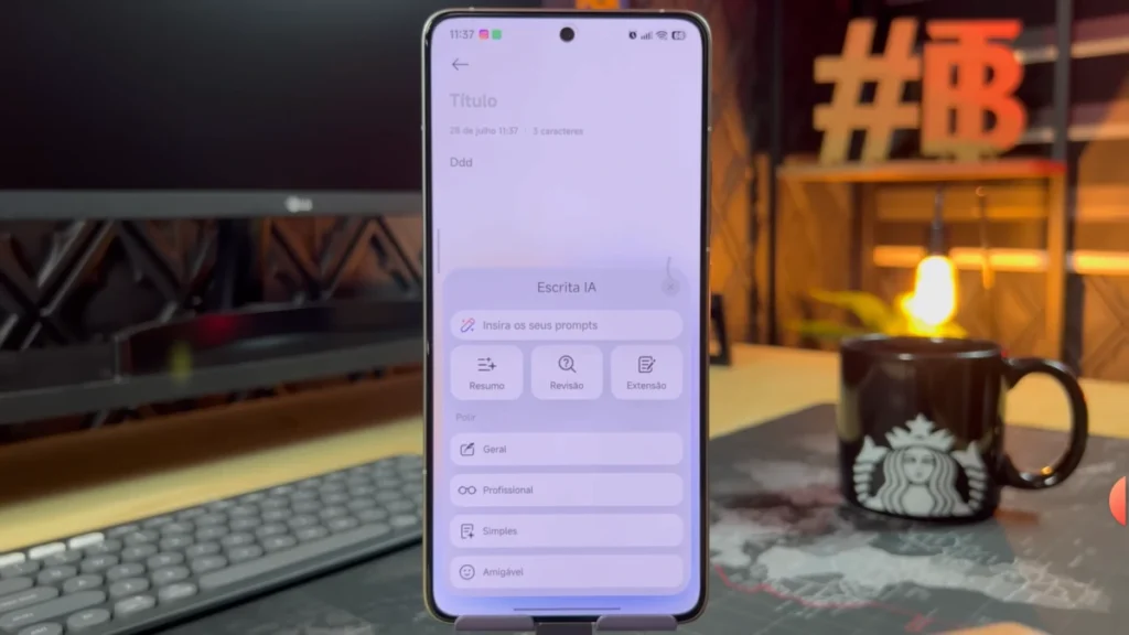 Xiaomi smartphone displaying HyperOS 3's new Notes app, featuring an AI-powered writing interface for summarizing, reviewing, and extending text, in a desktop setup.