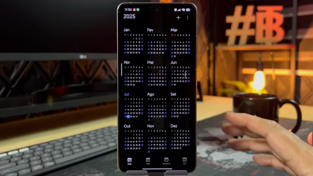 A Xiaomi smartphone displays the HyperOS 3 calendar app, showing the year 2025 with all months and days.