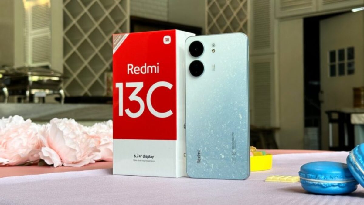 Xiaomi Redmi 13C smartphone with HyperOS 2.2 logo on the packaging, showing off its 6.74-inch screen.