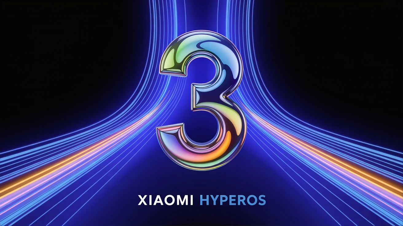 The chrome, iridescent number three, centered, with streaks of blue and orange light radiating in the background, and the text "XIAOMI HYPEROS" below.