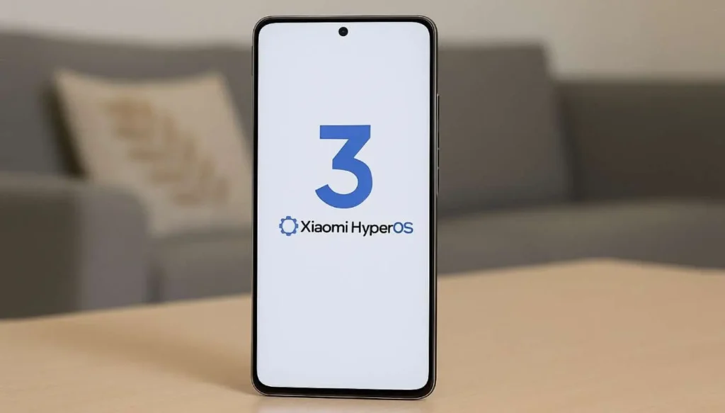 Xiaomi smartphone with the screen displaying a large number "3" and the text "Xiaomi HyperOS", representing the next generation of the operating system that may include features present in HyperOS 2.3 and Android 16.