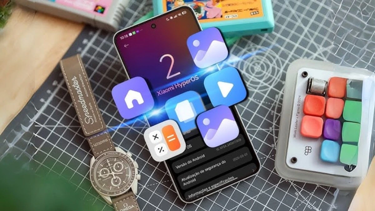 Smartphone displaying the Xiaomi HyperOS interface with app icons floating above the screen, showcasing HyperOS 2.2 Exclusive Apps features.