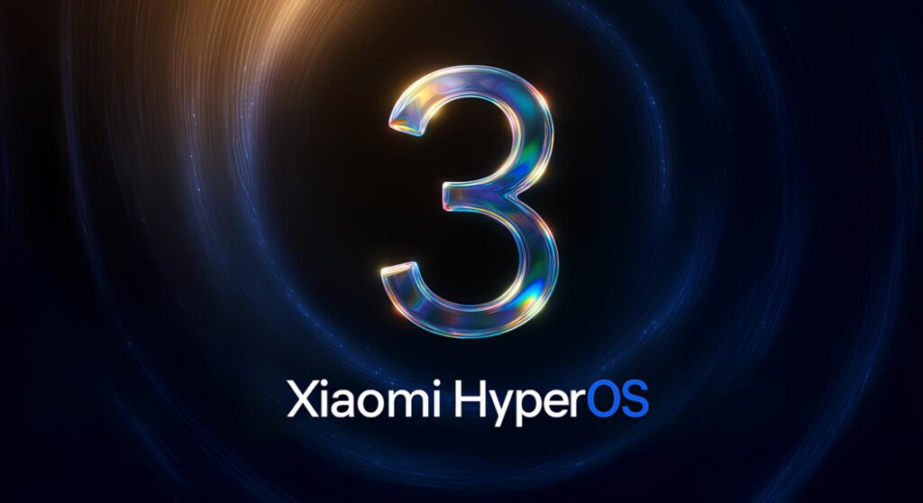 Graphic representation of the number "3" with a bright and colorful effect, superimposed on the text "Xiaomi HyperOS" with the word "Xiaomi" in white and "HyperOS 3" in blue, on a dark background with circular rays of light in shades of gold and blue emanating from a central point. HyperOS 3 Global