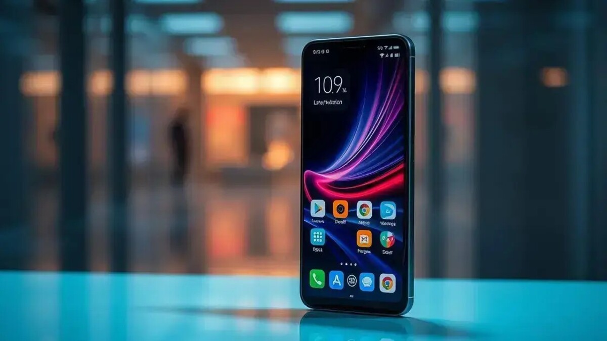 A Xiaomi smartphone with the home screen showing the HyperOS 2.2 logo and apps.