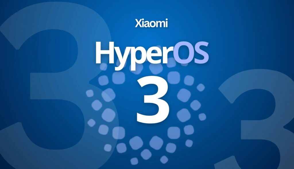 A promotional image for the HyperOS 3 operating system, featuring the Xiaomi logo and the words "HyperOS 3" in large white text on a blue gradient background with semi-transparent "3s" and light-colored circular elements.