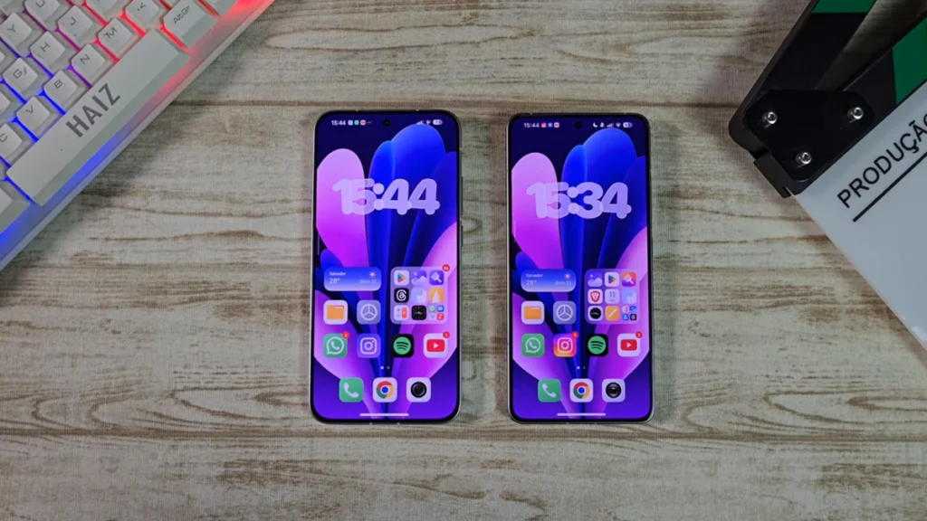 HyperOS Launcher vs Poco Launcher Home screen comparison of HyperOS Launcher and Poco Launcher on two smartphones side by side.