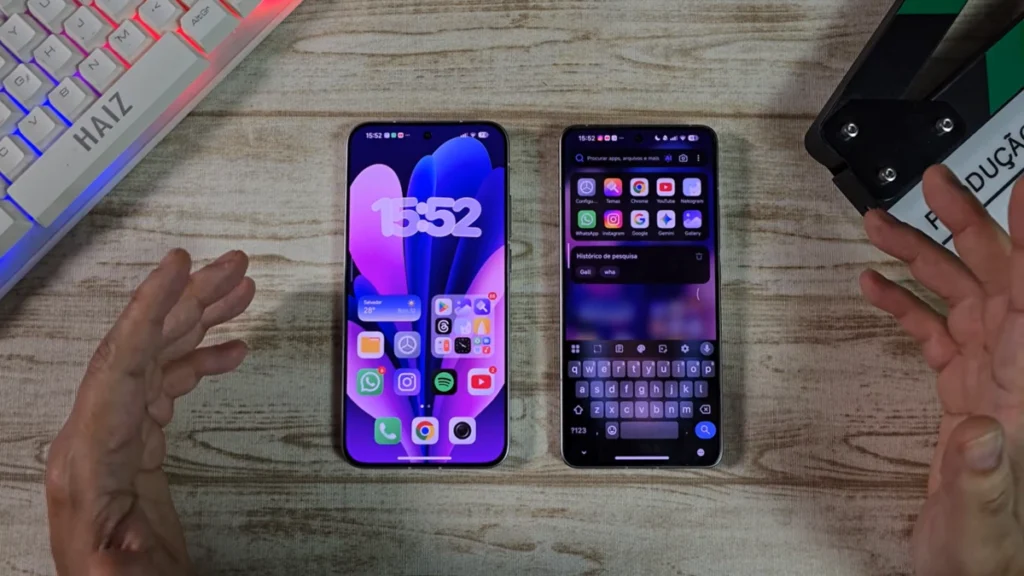 Comparison of the HyperOS Launcher home screen (left) and the Poco Launcher search interface (right), showing the keyboard and search history.