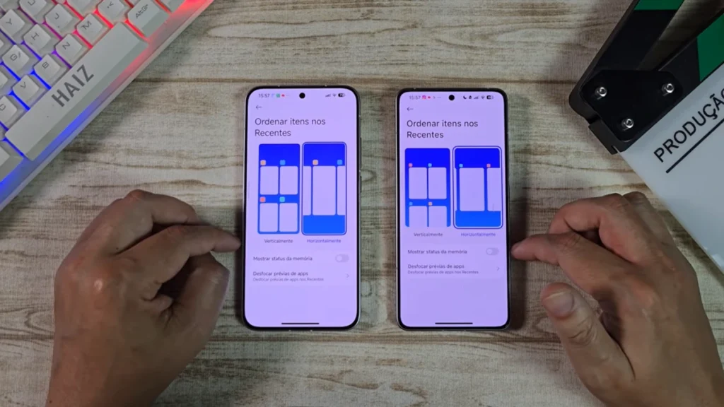 HyperOS Launcher VS Poco Launcher Comparison image of "Sort items in Recents" settings in HyperOS Launcher and Poco Launcher, showing vertical and horizontal view options.