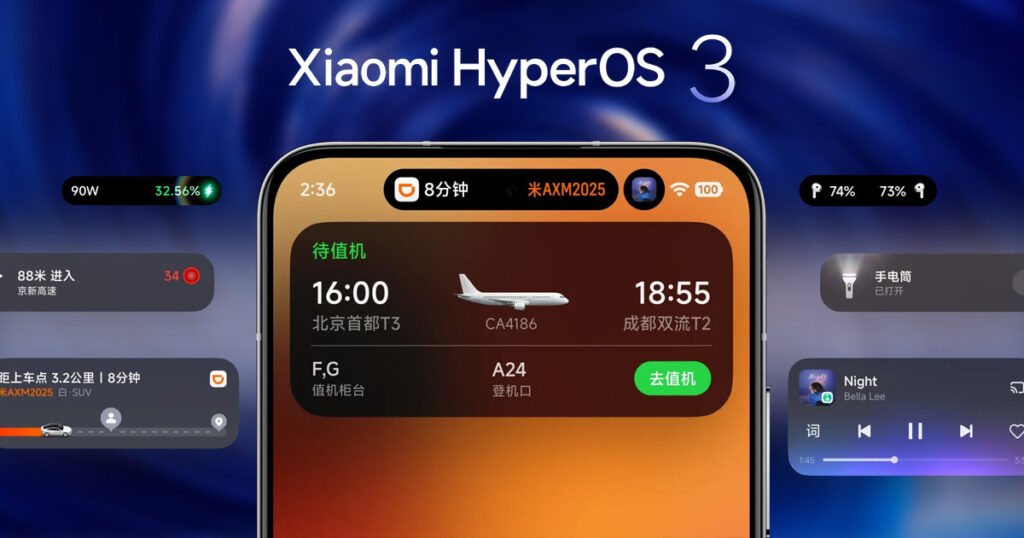Visual design of the New HyperOS 3 Apps on a smartphone, with flight, flashlight, music and battery status widgets floating on a dark background, with the system logo.