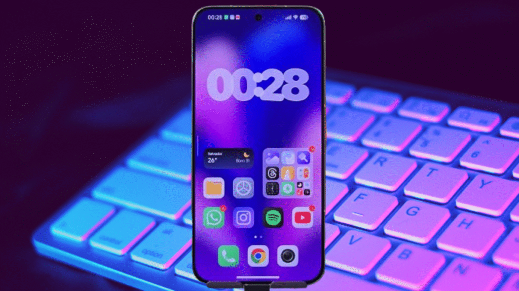 New Poco Launcher update showing modern interface on smartphone with illuminated screen in front of a keyboard with neon lights.