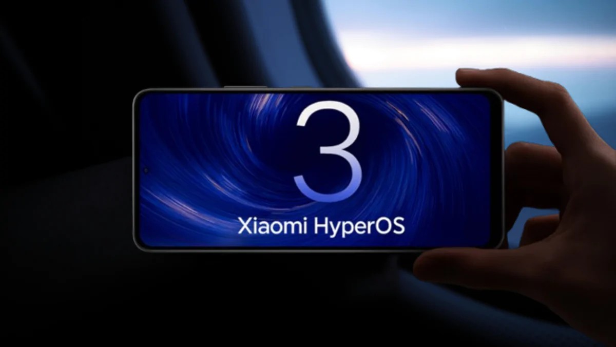 Smartphone displaying Xiaomi HyperOS 3 home screen on blue background