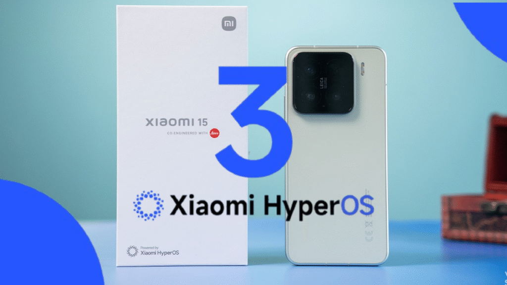 Xiaomi 15 Global with box and HyperOS 3 logo, illustrating the arrival of HyperOS 3 Global for the device.