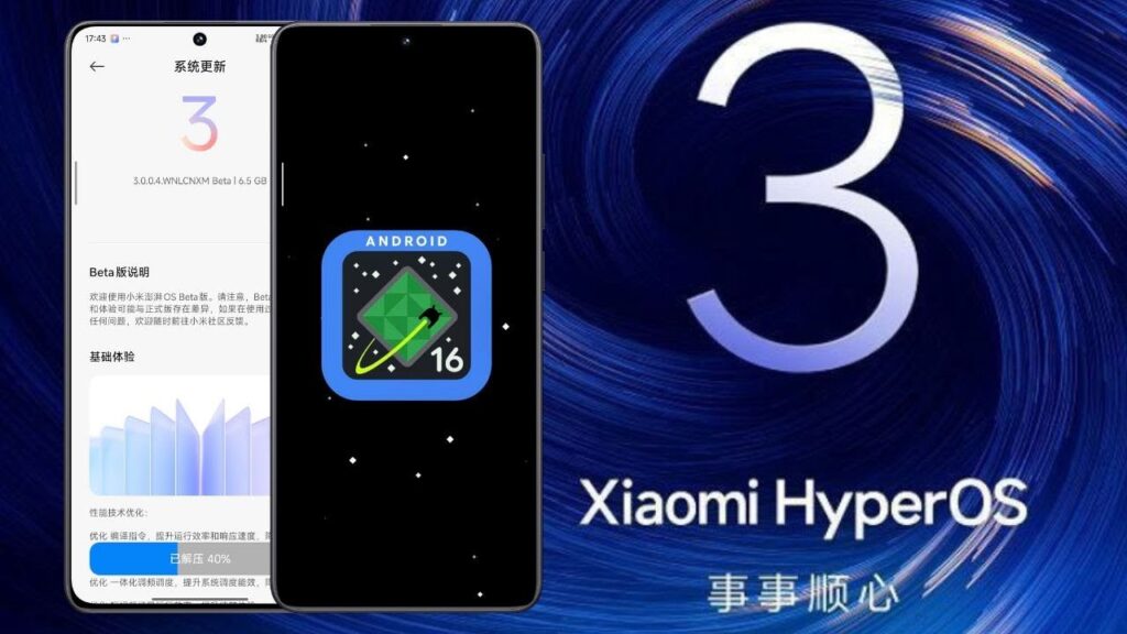 Screen showing the HyperOS 3 Global system based on Android 16 on a POCO X6 Pro, indicating the beta phase of the update.