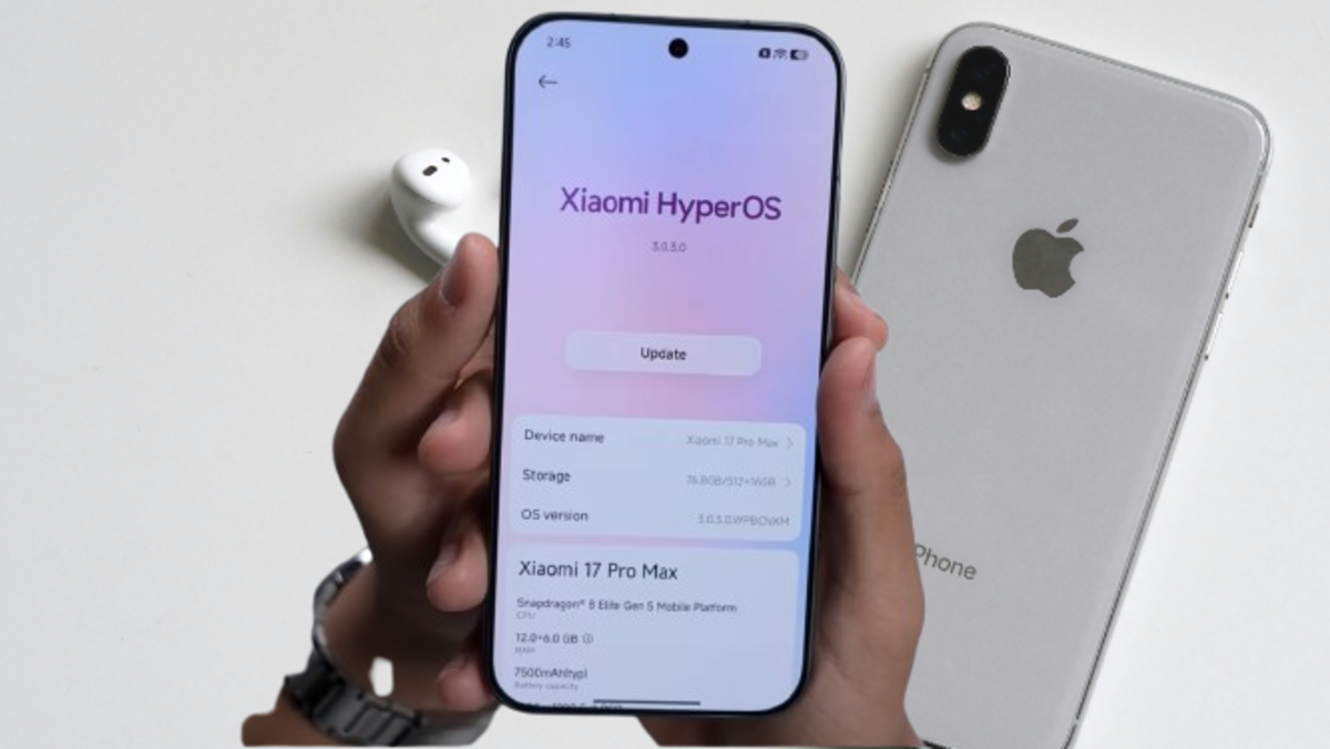 Hands holding a Xiaomi smartphone with HyperOS 3, next to an iPhone and a white headset.