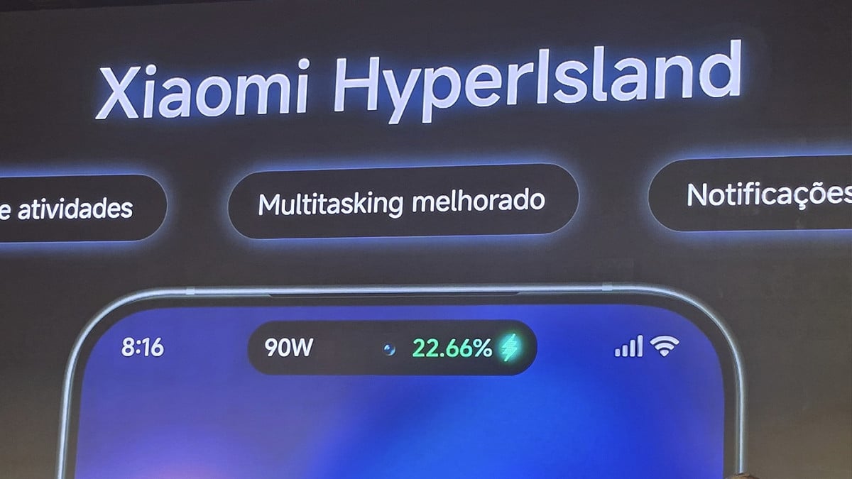 Screen displaying the new Xiaomi HyperIsland feature present in HyperOS Global 3, highlighting improved multitasking, notifications and 90W fast charging.