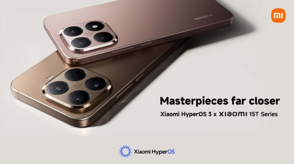 Two bronze and gold Xiaomi smartphones, featuring prominent Leica camera systems, are placed diagonally on a light gray background. The Xiaomi logo is in the upper right corner and the HyperOS logo is in the lower left. The text "Masterpieces far closer" and "Xiaomi HyperOS 3 Global x Xiaomi 15T Series" appears on the right.