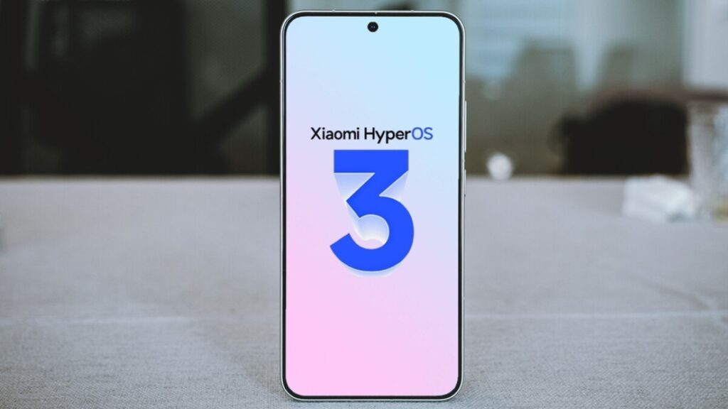 Smartphone displaying Xiaomi HyperOS 3 logo on screen, showcasing the new system update interface.