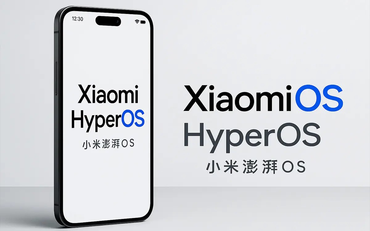 A white smartphone displays the "Xiaomi HyperOS" logo in black and blue text. Next to it, the same logo is presented on a white background. HyperOS 3 Global