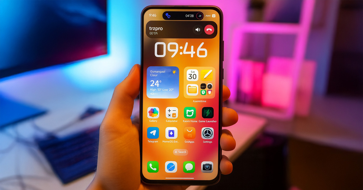 A hand holding a smartphone displaying the Xiaomi HyperOS 3 interface with various app icons and widgets.