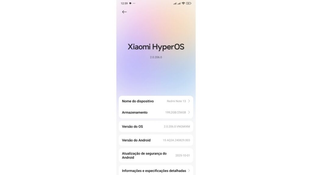 "The image shows a smartphone's 'About Phone' screen, displaying information about the Xiaomi HyperOS system. At the top, the title 'Xiaomi HyperOS' is centered, with version '2.0.2.0' below it, atop a soft pastel gradient. The 'Device Name' section indicates 'Redmi Note 13,' while the 'OS Version' is '2.0.206.0 VNGMIXM,' which matches the Redmi Note 14 4G keyword and HyperOS 2.2, being an iteration of the system. The 'Android Version' is '15 A3QA.240829.003.' The 'Android Security Update' is highlighted with the date '2025-10-01,' indicating extended security support. Below is a link to 'Detailed Information and Specifications.' The screen reflects a clean and uncluttered interface typical of modern operating systems, focusing on the technical details of the device's software."