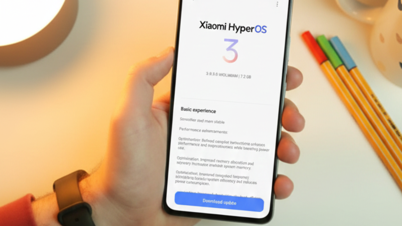 Redmi, POCO, Xiaomi smartphone displaying HyperOS 3 update screen with real-time system improvements