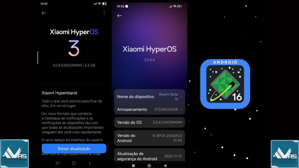 The image shows three screenshots detailing the HyperOS 3 update for the Redmi Note 14 4G. The first screen, on the left, shows the "Xiaomi HyperOS 3" update interface with version "3.0.4.0.WOGMIXM" and a size of 5.3 GB, highlighting the "Xiaomi HyperIsland" section with its description. The central screen displays the device information, confirming "Redmi Note 14" as the device name, OS version "3.0.4.0.WOGMIXM", "Android Version" as 16 (16 BP2A.250605.031.A3), and "Android Security Update" of 2025-11-01. On the right, a stylized Android 16 icon reinforces the operating system version based on the update. This visual representation confirms the availability of HyperOS 3 Global for the Redmi Note 14 4G, with the latest version of Android.