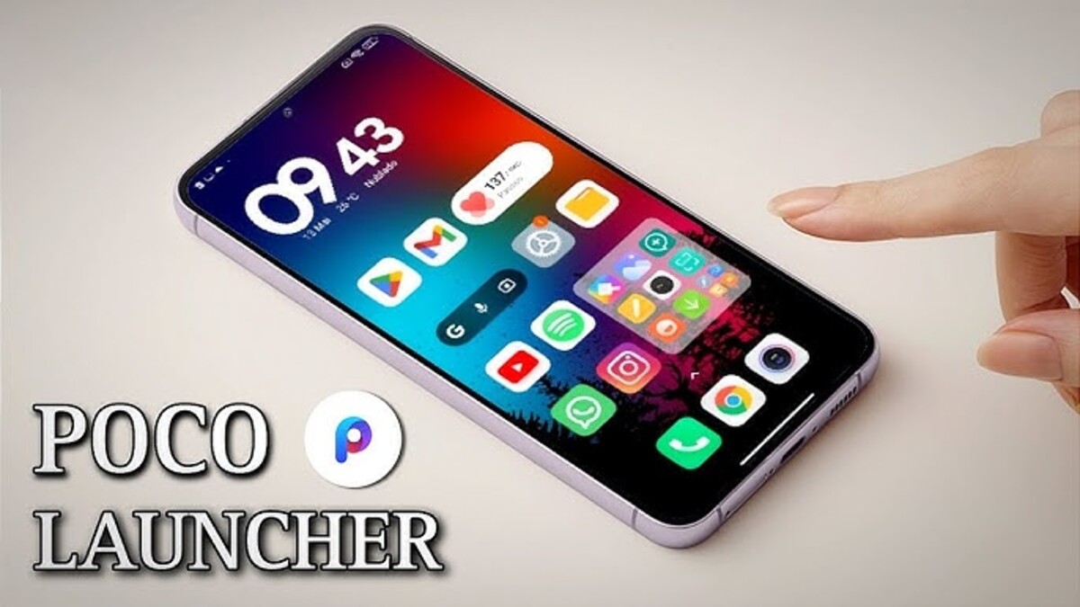 A hand touching a modern smartphone screen displaying the new Poco Launcher interface with vibrant icons, a large digital clock widget, and a sleek app drawer layout. The words 'POCO LAUNCHER' are written in bold text next to the official app logo.