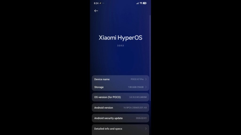 Screenshot of the Xiaomi HyperOS 3.0.9.0 interface on a POCO X7 Pro smartphone, displaying details of the Android 16 version and the February 1, 2026 security update.