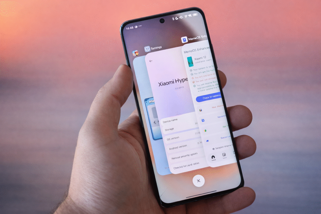 Smartphone displaying the POCO Launcher with the latest iOS style on HyperOS 3, with the text "IT'S OFFICIAL!" highlighted on a modern gradient background.