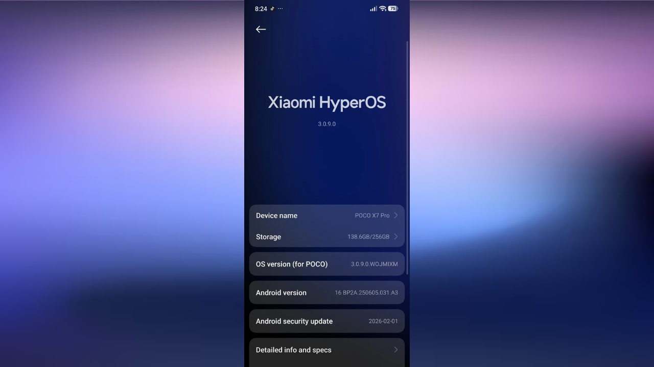 Screenshot of the Xiaomi HyperOS 3.0.9.0 interface on a POCO X7 Pro smartphone, displaying details of the Android 16 version and the February 1, 2026 security update.