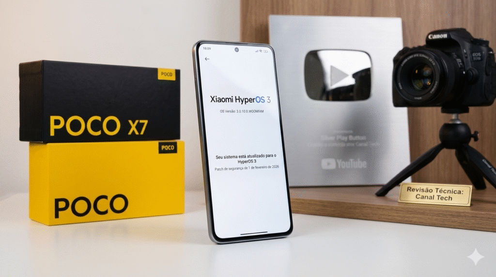 A professional-grade photograph taken in a tech studio, focusing on a POCO X7 smartphone displaying the HyperOS 3.1 update confirmation screen. In the background, POCO X7 boxes, a silver YouTube button, and a DSLR camera on a tripod create a reliable tech support environment for the OTA update bug fix guide.