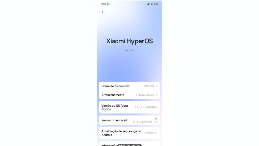 A screenshot of the "About phone" settings screen of a Xiaomi smartphone, showing the specifications and the HyperOS 3 system version in Portuguese.