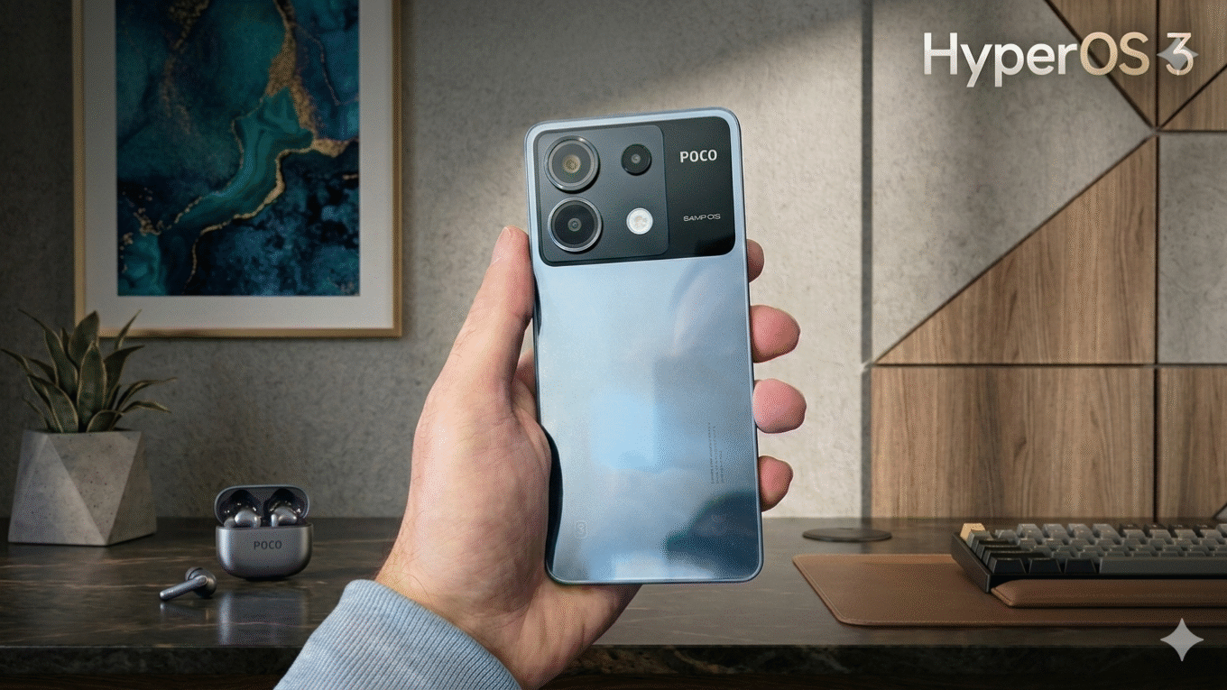 "A hand holding a light blue POCO X6 5G smartphone in a modern office setting. The device is focused on the back, showing the camera module and the inscription '64MP OIS'. In the background, a mechanical keyboard, POCO headphones, and the HyperOS 3 logo can be seen, which is now positioned in the upper right corner for better visibility."