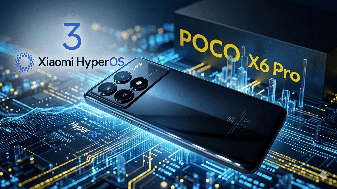 A detailed close-up shot of the black POCO X6 Pro smartphone, resting on a futuristic digital circuit board with blue and white light trails. The phone features four rear cameras and its back is slightly reflective. A black box with "POCO X6 Pro" written on it sits in the background. In the upper left corner, the number 3 and the Xiaomi HyperOS logo are visible.