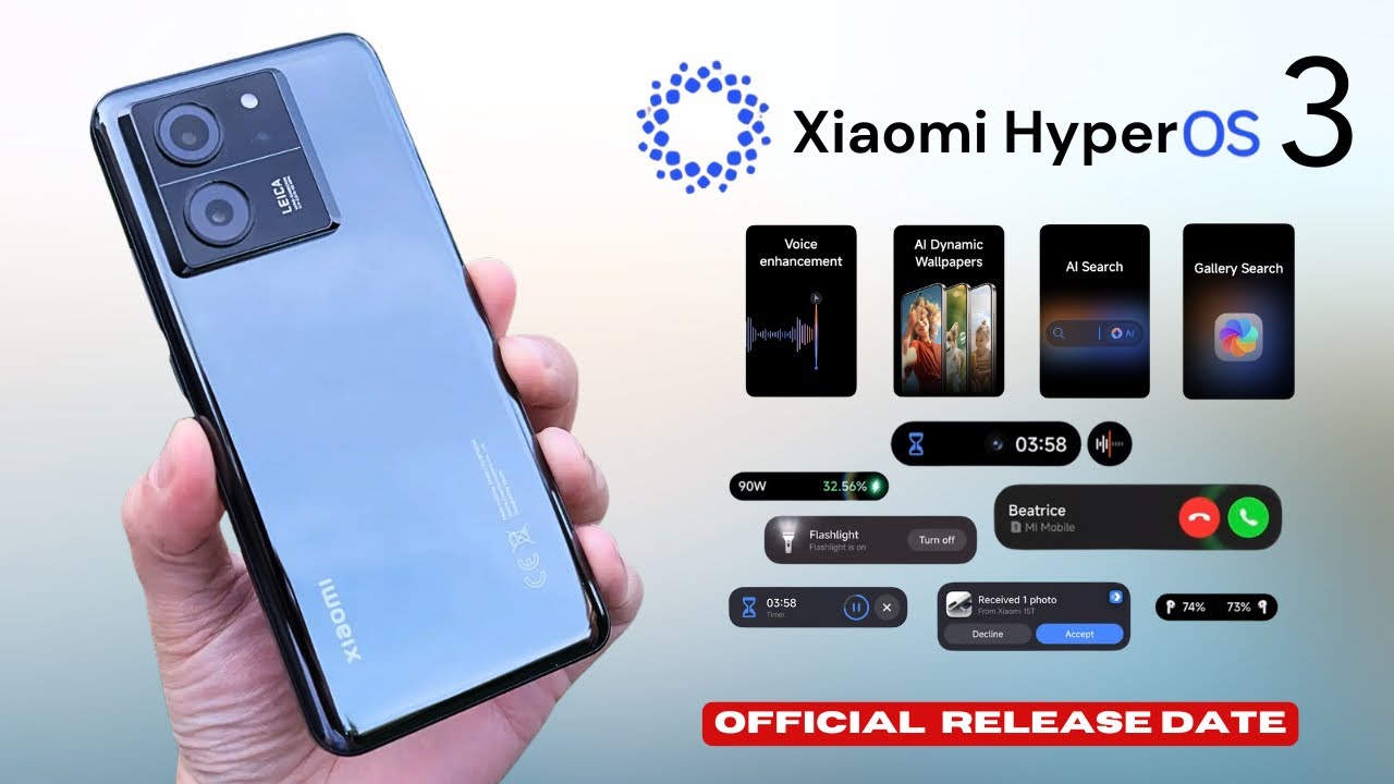 "Xiaomi 13T smartphone displaying the interface of the new HyperOS 3 operating system on a vibrant and fluid screen, highlighting the modern design and new brand icons."