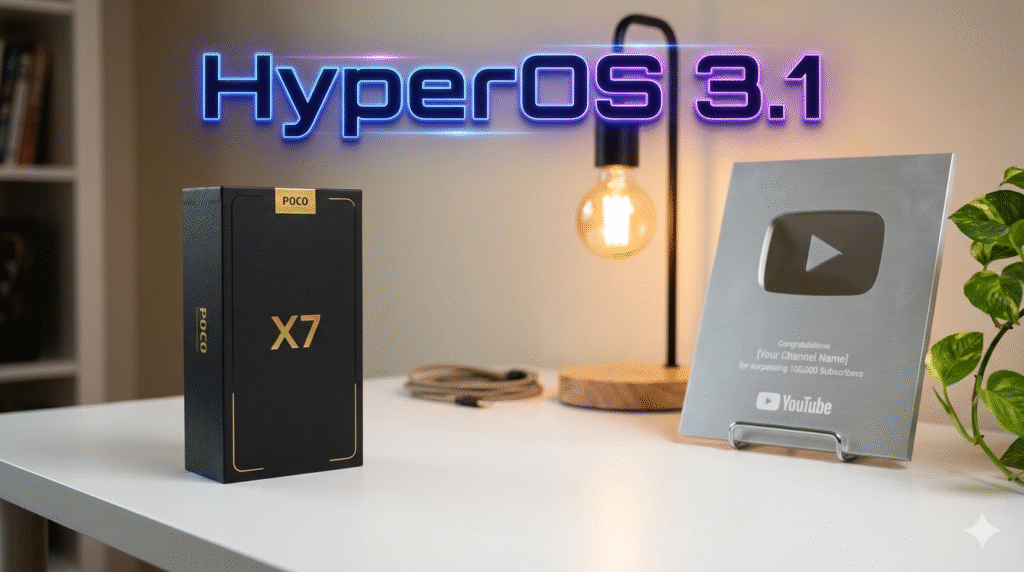 "Minimalist tech desk setup featuring a premium matte black POCO X7 smartphone box with gold accents, a silver YouTube creator award, and a glowing neon 'HyperOS 3.1' text overlay."