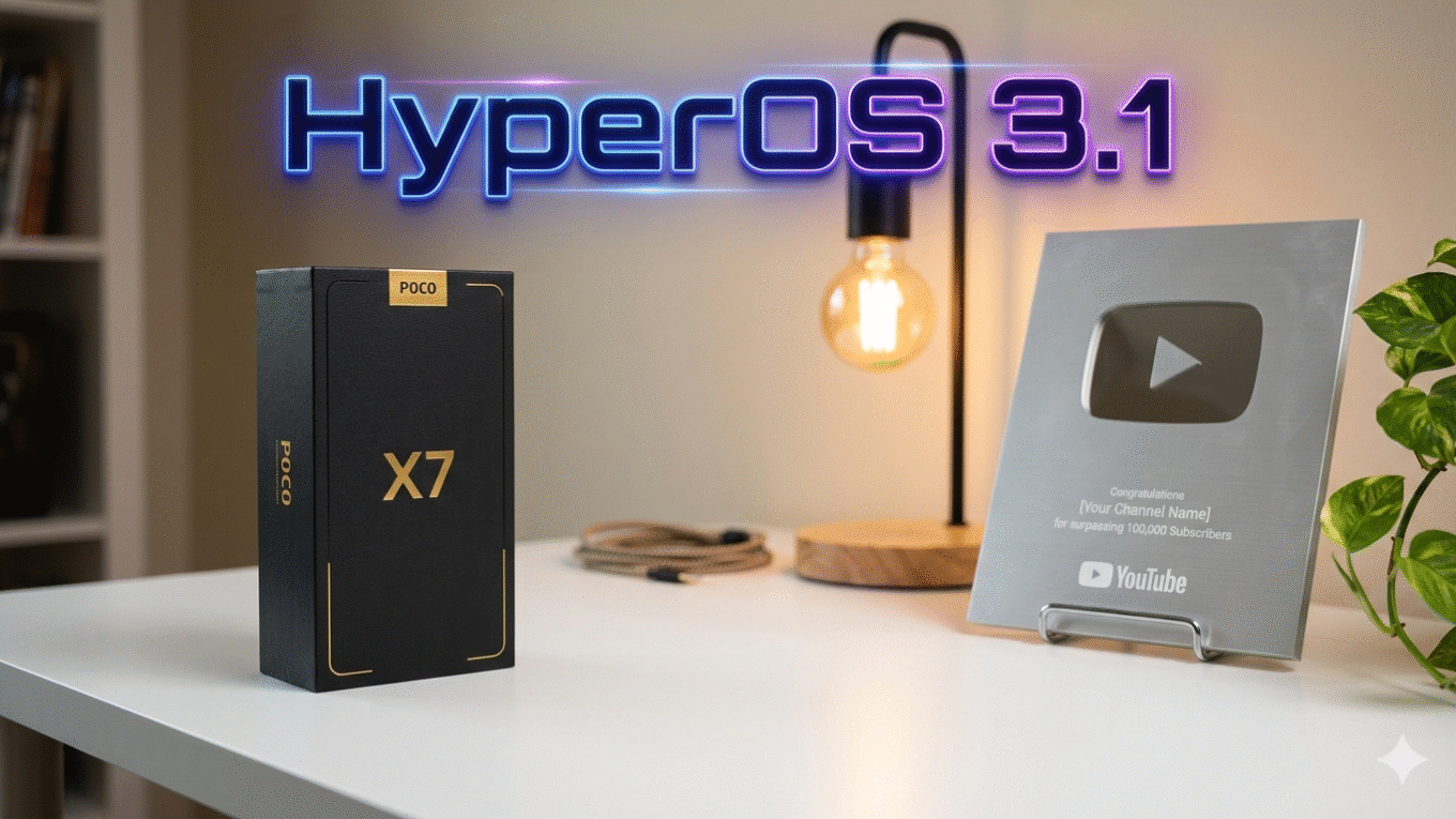 "Minimalist tech desk setup featuring a premium matte black POCO X7 smartphone box with gold accents, a silver YouTube creator award, and a glowing neon 'HyperOS 3.1' text overlay."