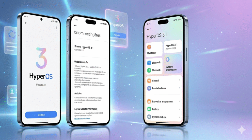 Two premium Xiaomi smartphones side-by-side showcasing the HyperOS 3.1 update interface. The left screen displays the official HyperOS 3 logo and update prompt, while the right screen shows the detailed system settings and update information. The background is a futuristic purple and blue tech studio with cinematic lighting and floating UI elements.