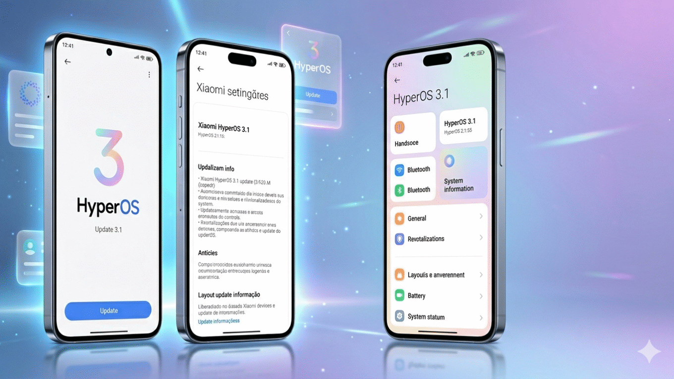 Two premium Xiaomi smartphones side-by-side showcasing the HyperOS 3.1 update interface. The left screen displays the official HyperOS 3 logo and update prompt, while the right screen shows the detailed system settings and update information. The background is a futuristic purple and blue tech studio with cinematic lighting and floating UI elements.