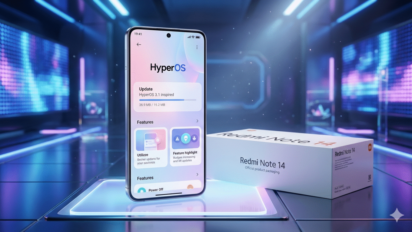 Redmi Note 14 smartphone standing on a glowing platform next to its retail box in a futuristic tech studio with HyperOS 3.1 update interface on screen.