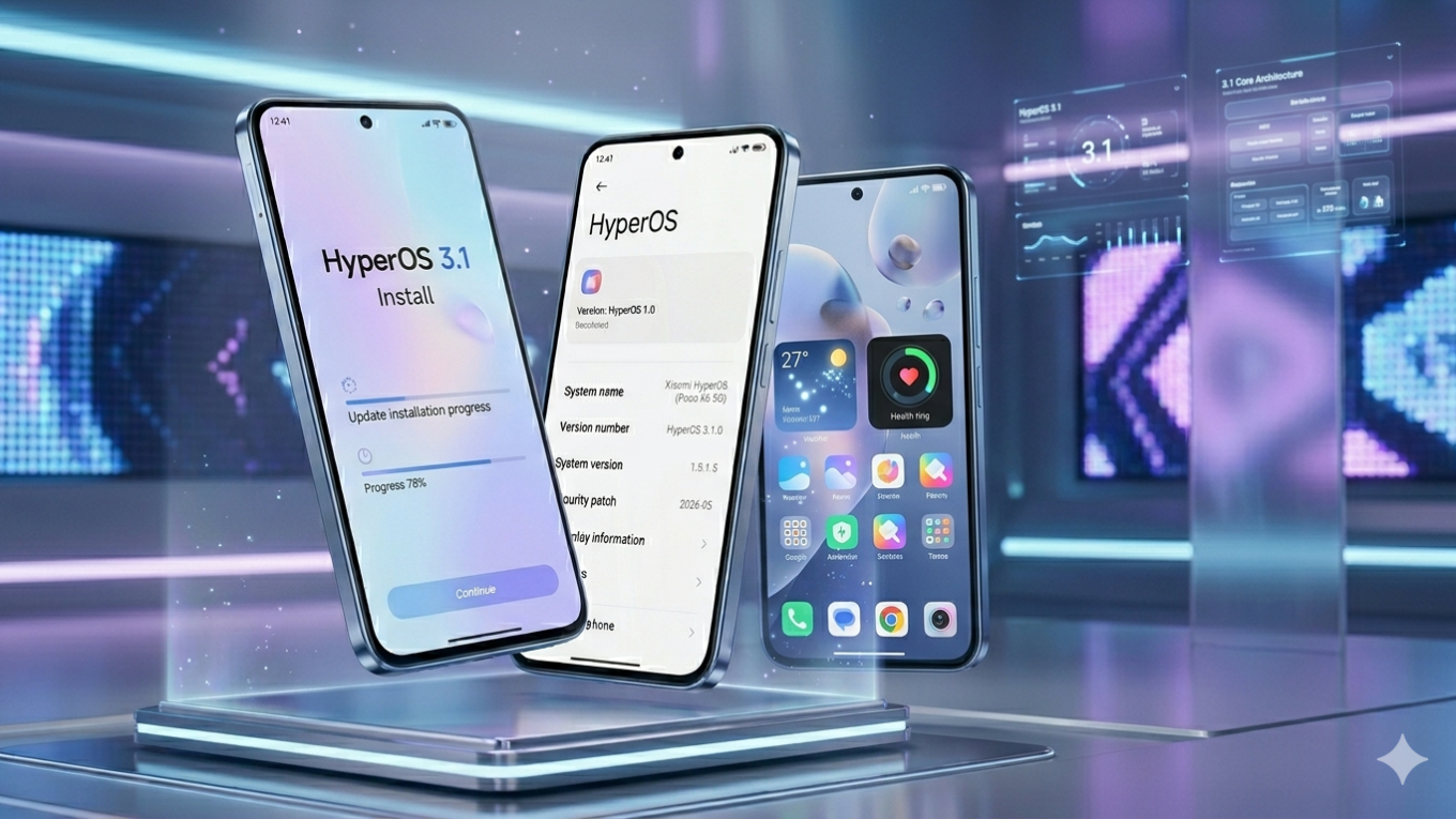 "Three Xiaomi smartphones arranged in a futuristic technological setting. The screens display the HyperOS 3.1 interface: a setup screen, an 'About phone' settings page, and a home screen with modern widgets. Background with neon lights and holographic effects."