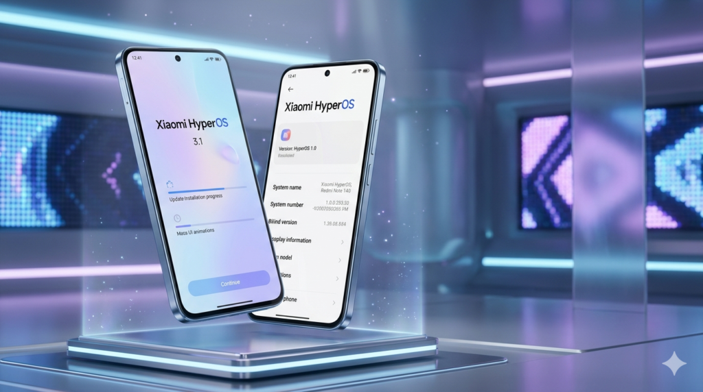 "Two Xiaomi smartphones in a futuristic technological environment showcasing the HyperOS 3.1 interface, highlighting update and settings screens against a neon blue and purple background."