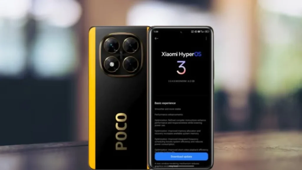 Split view of a POCO X7 smartphone with a black and yellow back, displaying a large circular camera module and the brand logo vertically. Next to it, the device's screen shows the system update interface with the text "Xiaomi HyperOS 3" Ready to update to HyperOS 3.1. The device is resting on a wooden surface with a blurred background.