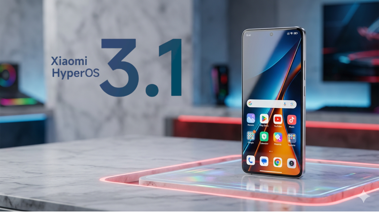 A Xiaomi POCO X7 smartphone stands on a light marble countertop surrounded by futuristic red LED lighting. The screen displays the HyperOS interface with colorful icons. On the left side, there is the stylized text "Xiaomi HyperOS 3.1" in shades of blue. The background shows a blurred technology studio.